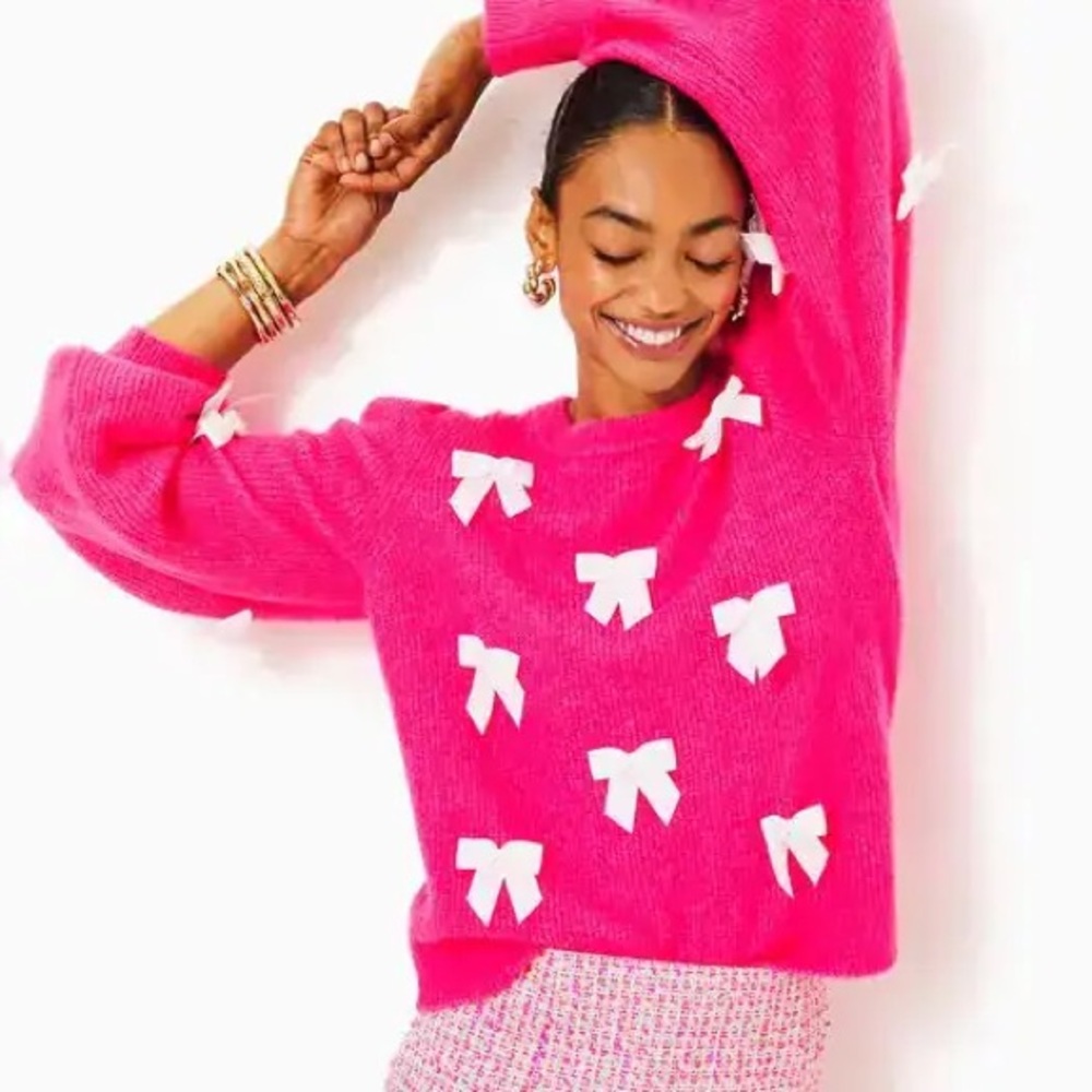 NWT Lilly Pulitzer Zarie Sweater Crewneck Small Passion Fruit Pink Party Bows